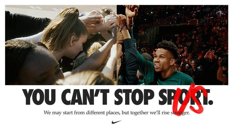 Nike campaign image showcasing unity in sports with diverse athletes celebrating together.